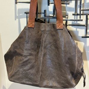 Soft, genuine, leather, two-tone, brown hobo style purse